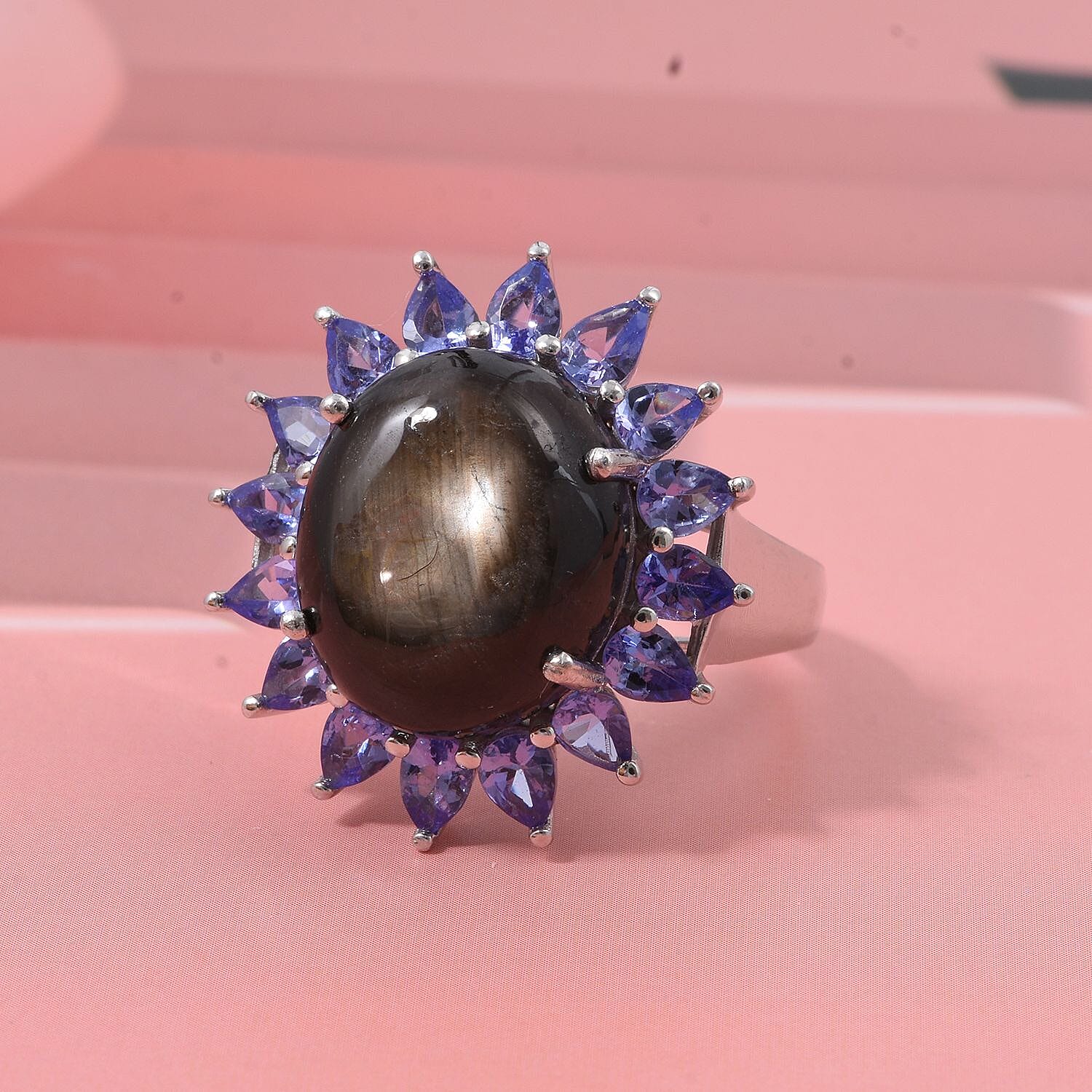 D'Joy Chantaburi Black Star Sapphire & Tanzanite Ring in Rhodium Overlay Sterling Silver 17.66 Ct.