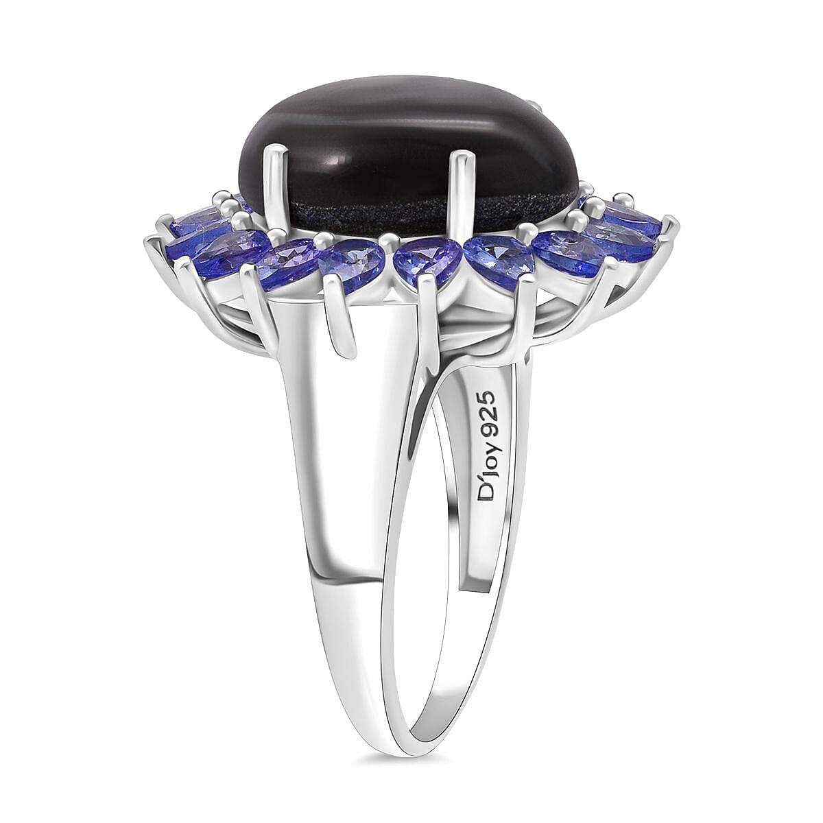 D'Joy Chantaburi Black Star Sapphire & Tanzanite Ring in Rhodium Overlay Sterling Silver 17.66 Ct.
