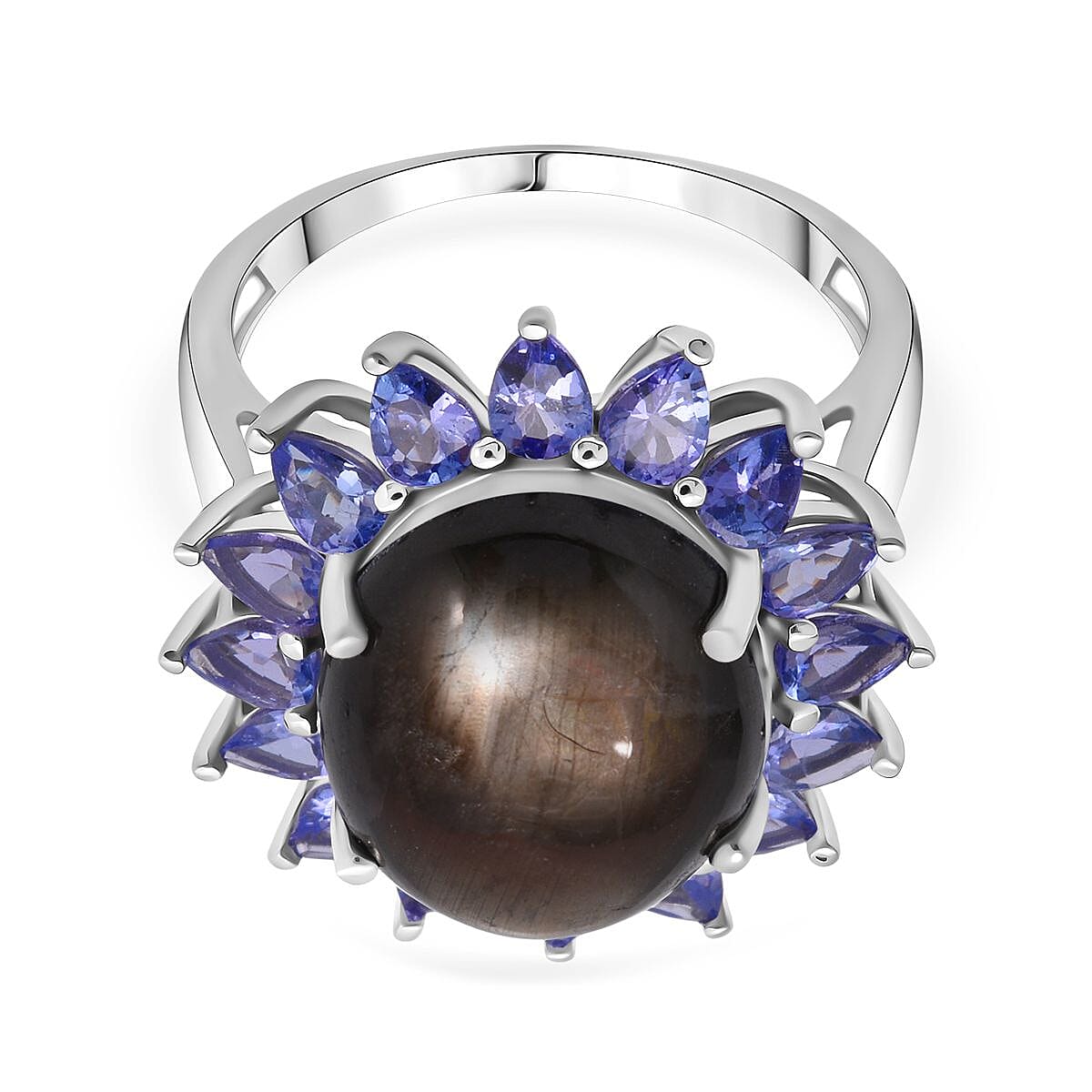 D'Joy Chantaburi Black Star Sapphire, Tanzanite Halo Ring in Rhodium Overlay Sterling Silver 17.66 Ct.