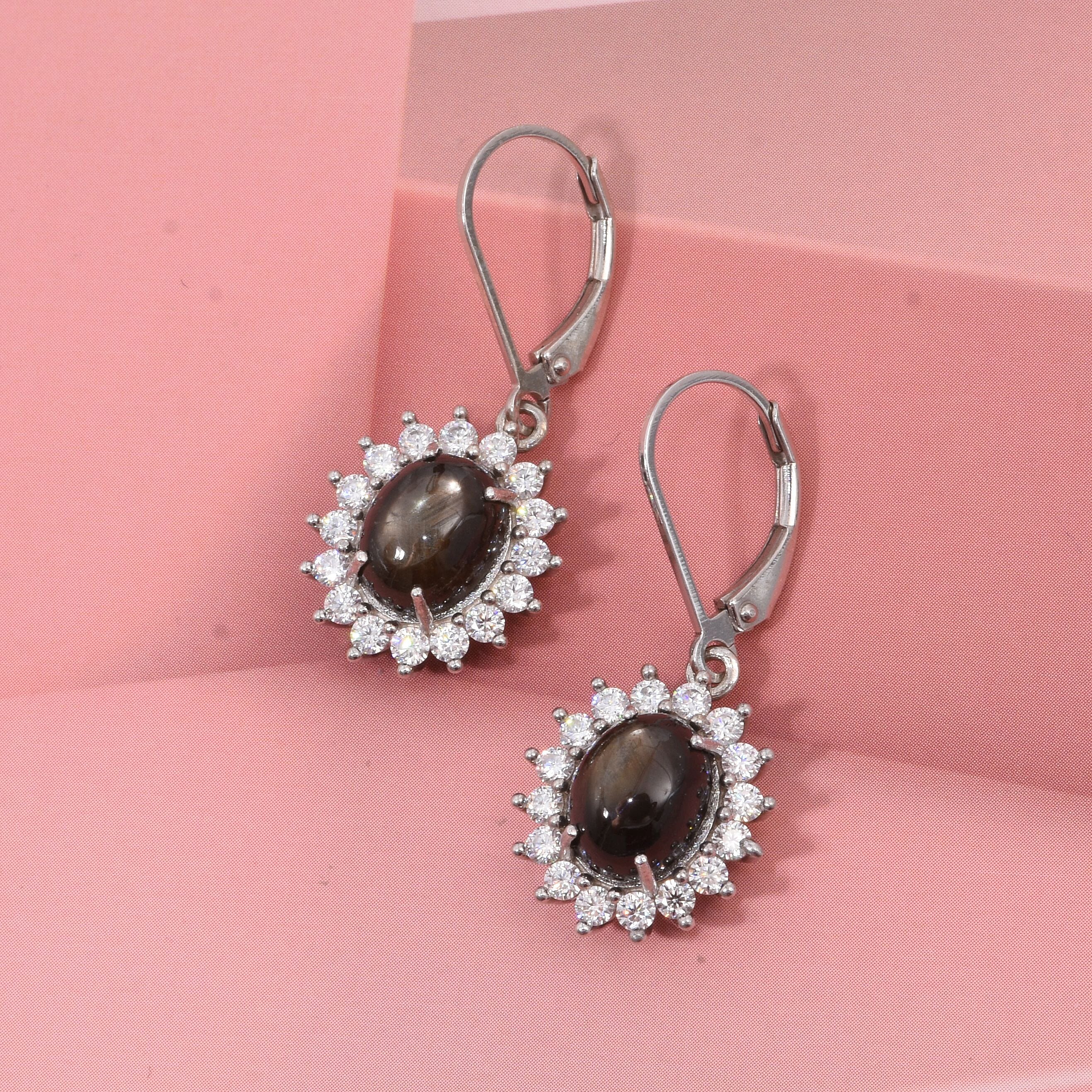 D'Joy Chantaburi Black Star Sapphire & Moissanite Earring with Lever Back in Rhodium Overlay Sterling Silver 8.41 Ct.