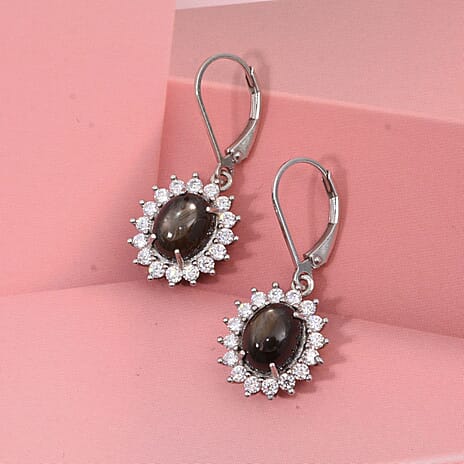 D'Joy Chantaburi Black Star Sapphire & Moissanite Earring with Lever Back in Rhodium Overlay Sterling Silver 8.41 Ct.
