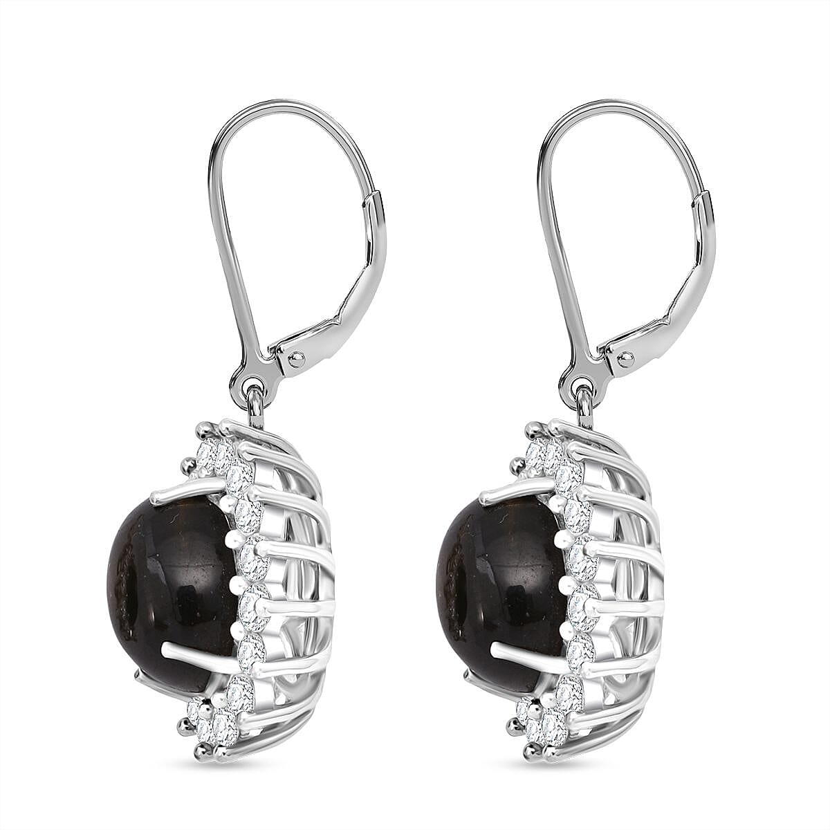 D'Joy Chantaburi Black Star Sapphire & Moissanite Earring with Lever Back in Rhodium Overlay Sterling Silver 8.41 Ct.
