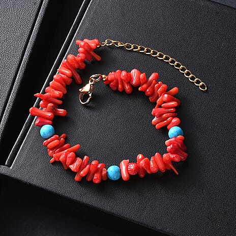 Coral & Magnesite Bracelet (Size 7.5) in Yellow Gold Plated 120.00 Ct.