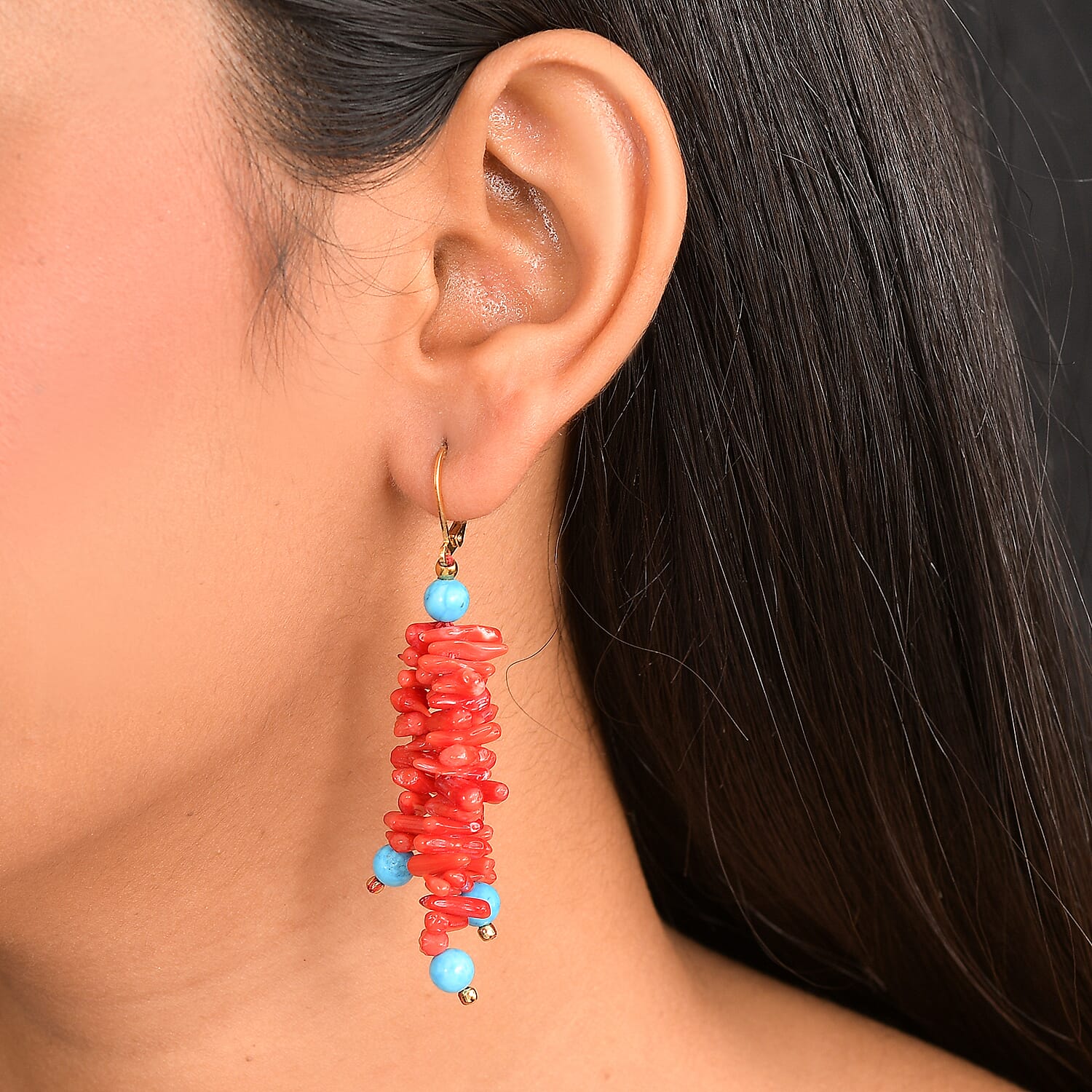 Coral & Magnesite Earring in Yellow Gold Plated 80.00 Ct.