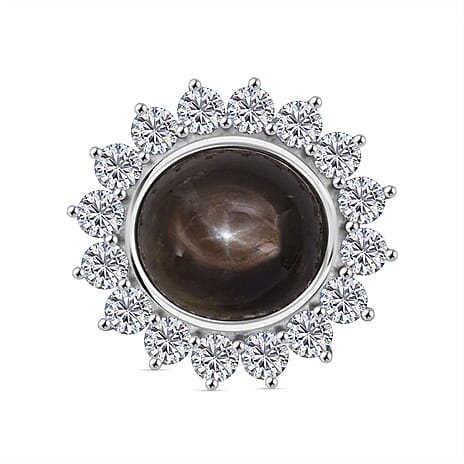 D'Joy Chantaburi Black Star Sapphire & Natural Zircon Brooch in Rhodium Overlay Sterling Silver 12.07 Ct.