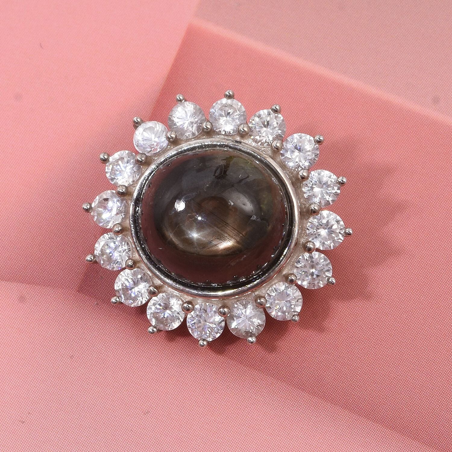 D'Joy Chantaburi Black Star Sapphire & Natural Zircon Brooch in Rhodium Overlay Sterling Silver 12.07 Ct.