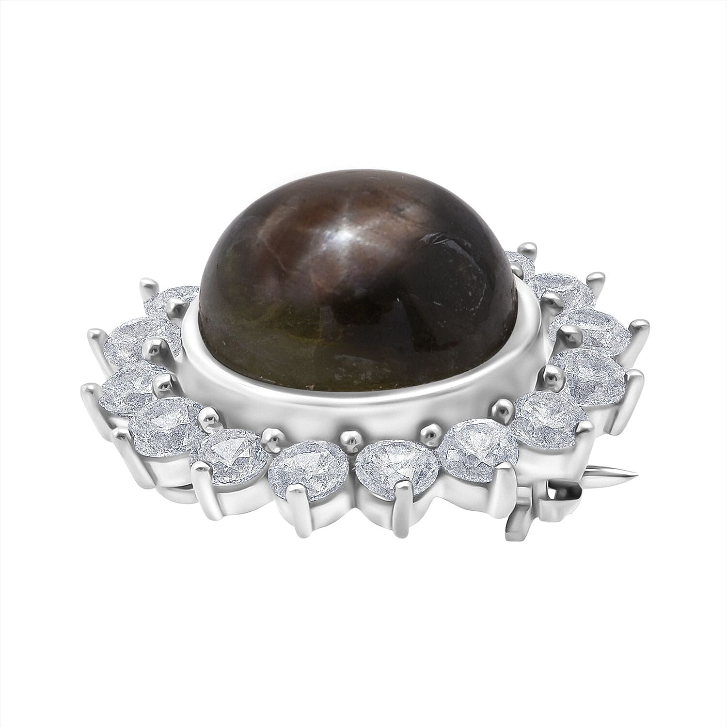D'Joy Chantaburi Black Star Sapphire & Natural Zircon Brooch in Rhodium Overlay Sterling Silver 12.07 Ct.