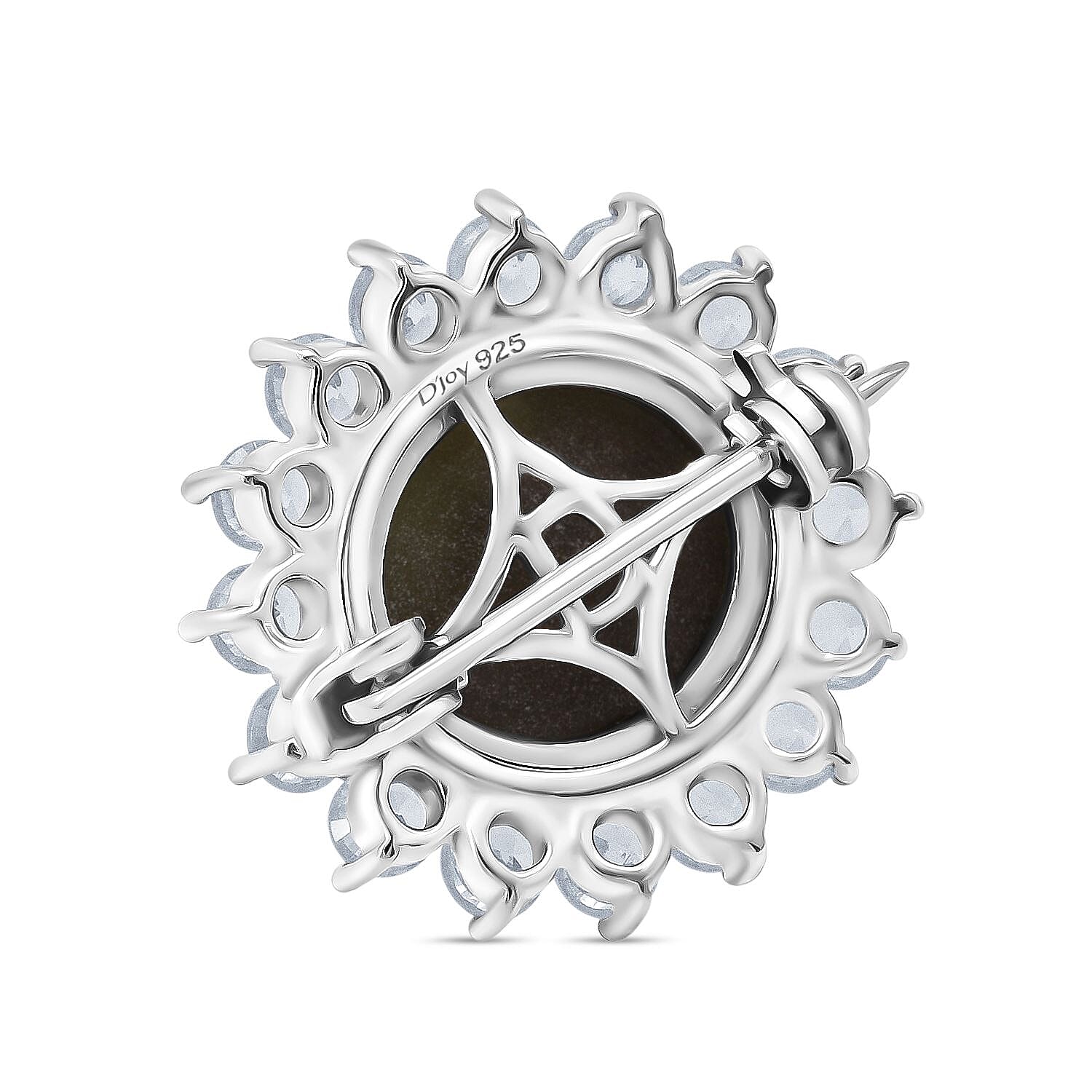 D'Joy Chantaburi Black Star Sapphire & Natural Zircon Brooch in Rhodium Overlay Sterling Silver 12.07 Ct.
