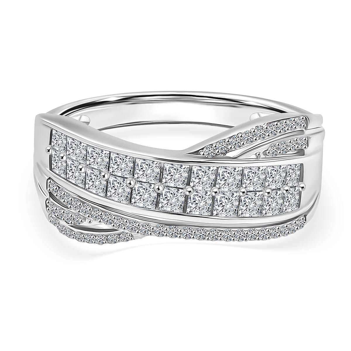 LUXURIANT 1 Ct. Lab Grown Diamond Cross Bridge Ring in Rhodium Overlay Sterling Silver (VS-EF)