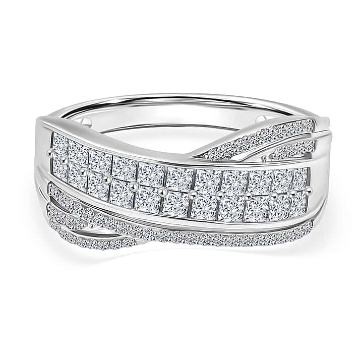 LUXURIANT 1 Ct. Lab Grown Diamond Cross Bridge Ring in Rhodium Overlay Sterling Silver (VS-EF)