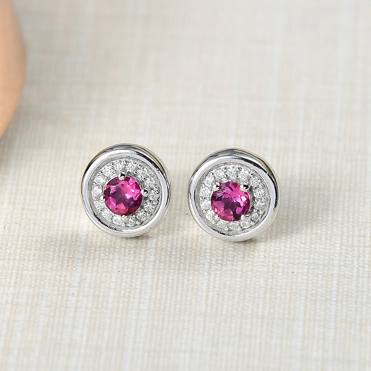 D'Joy Lab Grown Bixbite & Moissanite Stud Push Post Earring in Rhodium Overlay Sterling Silver