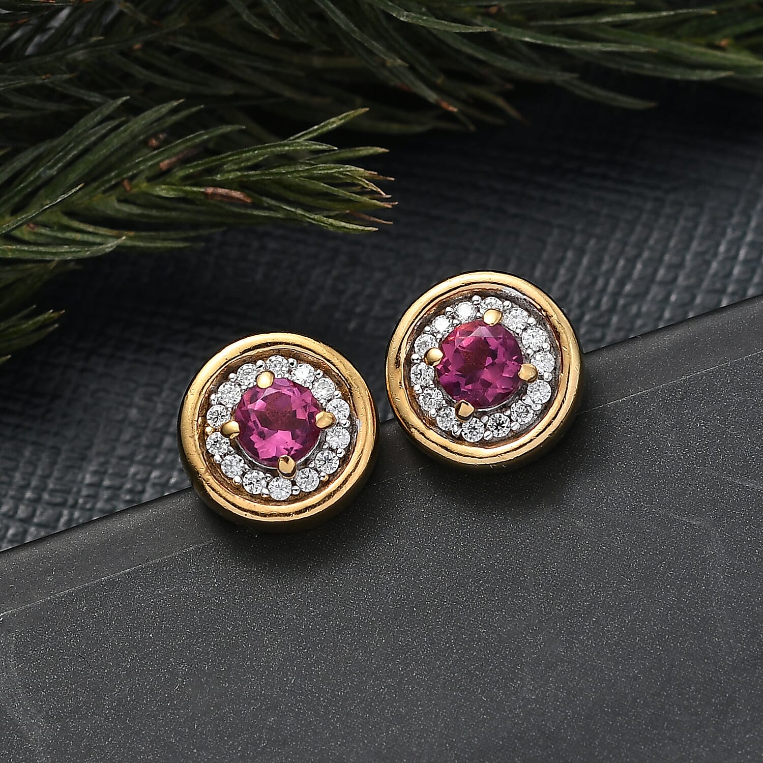 D'Joy Lab Grown Bixbite & Moissanite Stud Push Post Earring in 18K Vermeil Yellow Gold Plated Sterling Silver