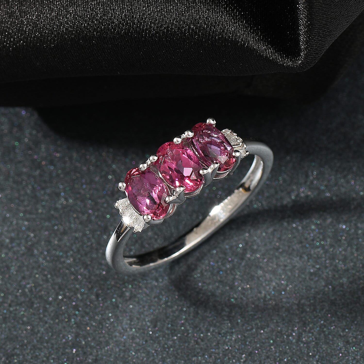 Luxuriant Lab Grown Bixbite & Lab Grown Diamond (SI-GH) 3 Stone Ring in Rhodium Overlay Sterling Silver 1.53 Ct.