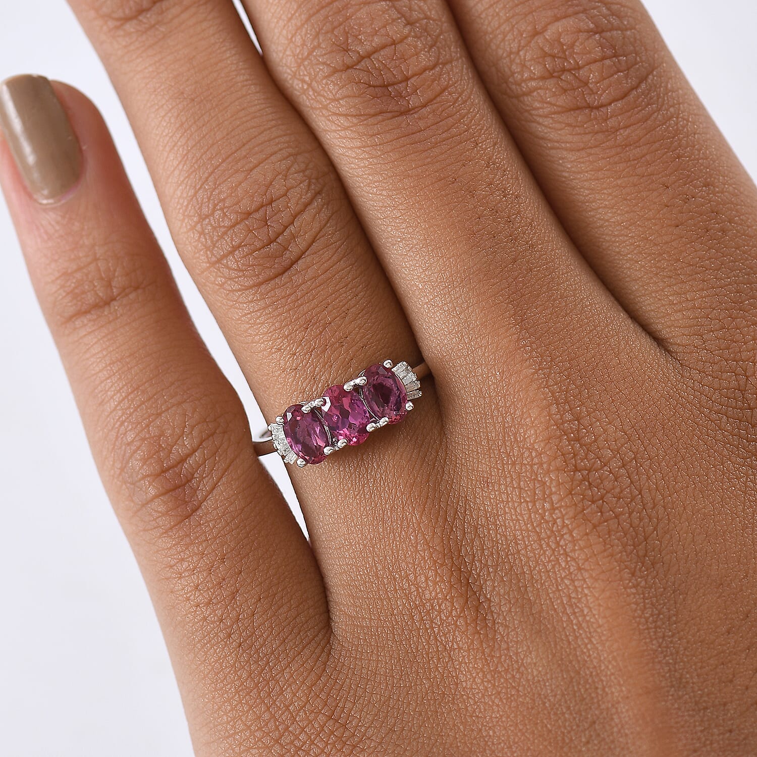 Luxuriant Lab Grown Bixbite & Lab Grown Diamond (SI-GH) 3 Stone Ring in Rhodium Overlay Sterling Silver 1.53 Ct.