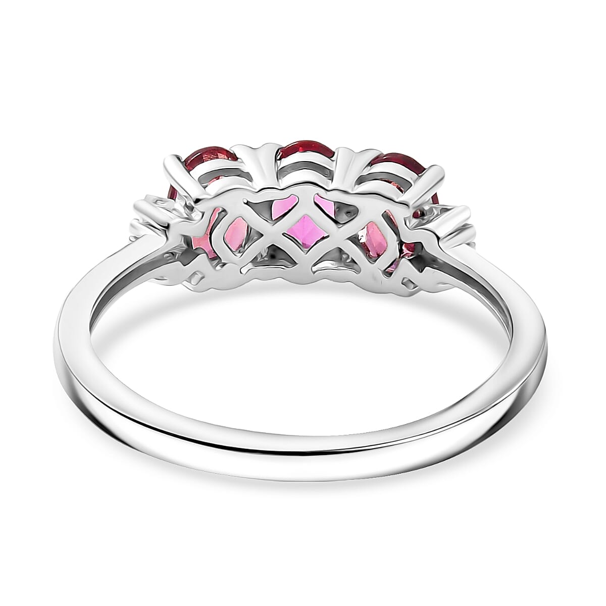 Luxuriant Lab Grown Bixbite & Lab Grown Diamond (SI-GH) 3 Stone Ring in Rhodium Overlay Sterling Silver 1.53 Ct.