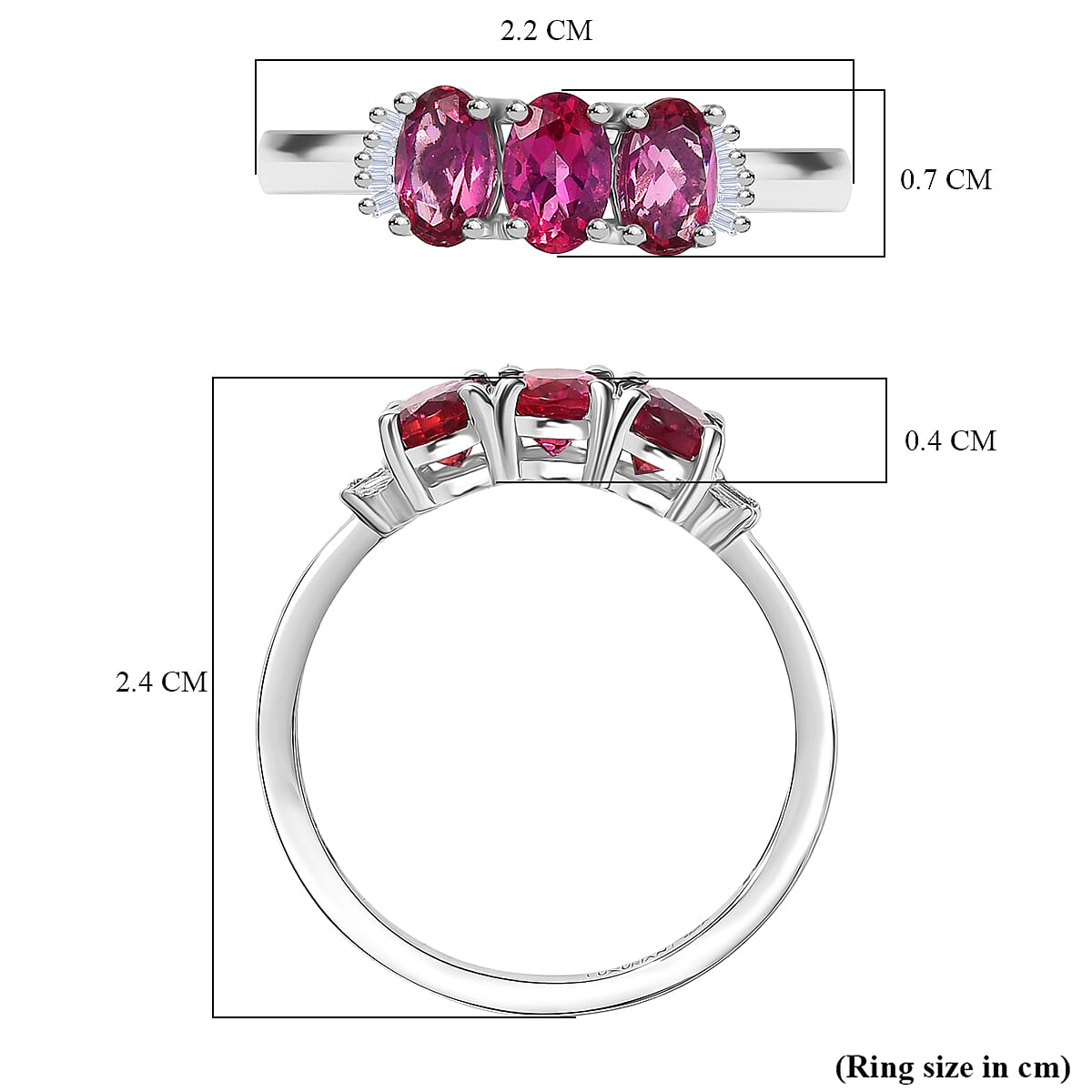 Luxuriant Lab Grown Bixbite & Lab Grown Diamond (SI-GH) 3 Stone Ring in Rhodium Overlay Sterling Silver 1.53 Ct.