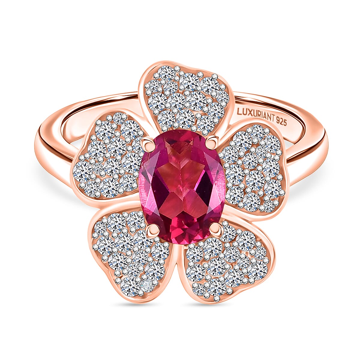 Luxuriant Lab Grown Bixbite & White Zircon Cluster Ring in 18K Vermeil Rose Gold Plated Sterling Silver 2.08 Ct.