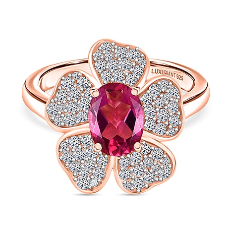 Luxuriant Lab Grown Bixbite & White Zircon Cluster Ring in 18K Vermeil Rose Gold Plated Sterling Silver 2.08 Ct.