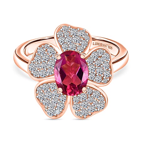 Luxuriant Lab Grown Bixbite & White Zircon Cluster Ring in 18K Vermeil Rose Gold Plated Sterling Silver 2.08 Ct. Luxuriant Lab Grown Bixbite & White Zircon Cluster Ring in 18K Vermeil Rose Gold Plated Sterling Silver 2.08 Ct.