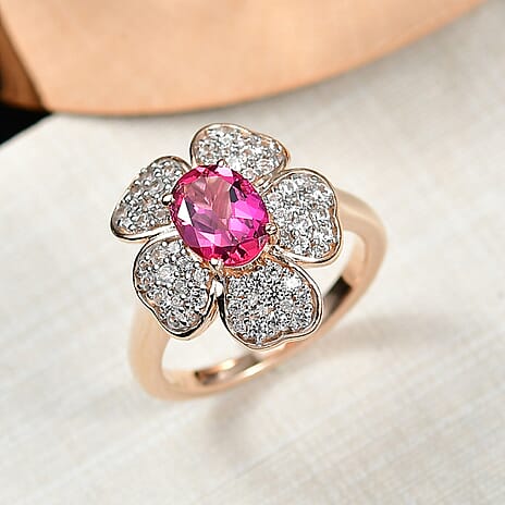 Luxuriant Lab Grown Bixbite & White Zircon Cluster Ring in 18K Vermeil Rose Gold Plated Sterling Silver 2.08 Ct.