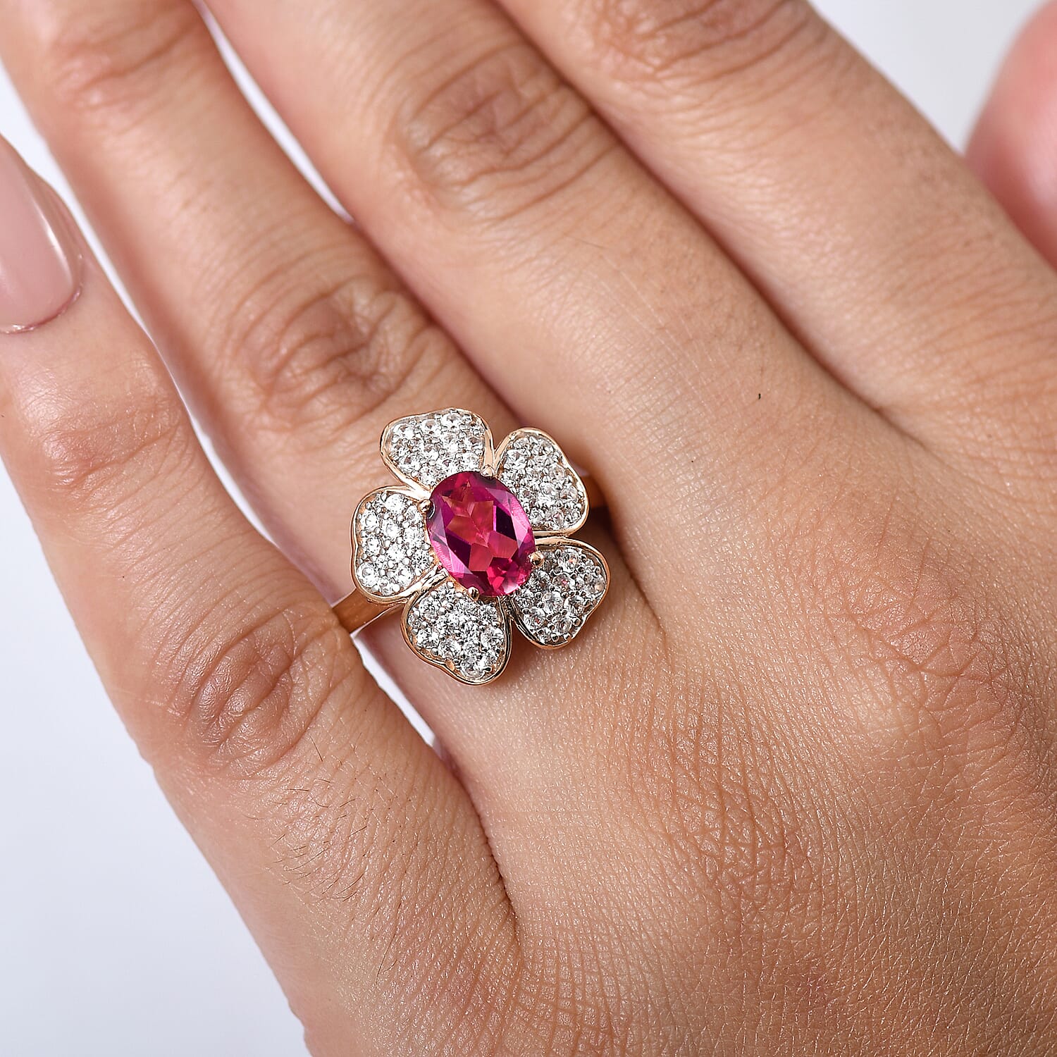 Luxuriant Lab Grown Bixbite & White Zircon Cluster Ring in 18K Vermeil Rose Gold Plated Sterling Silver 2.08 Ct.