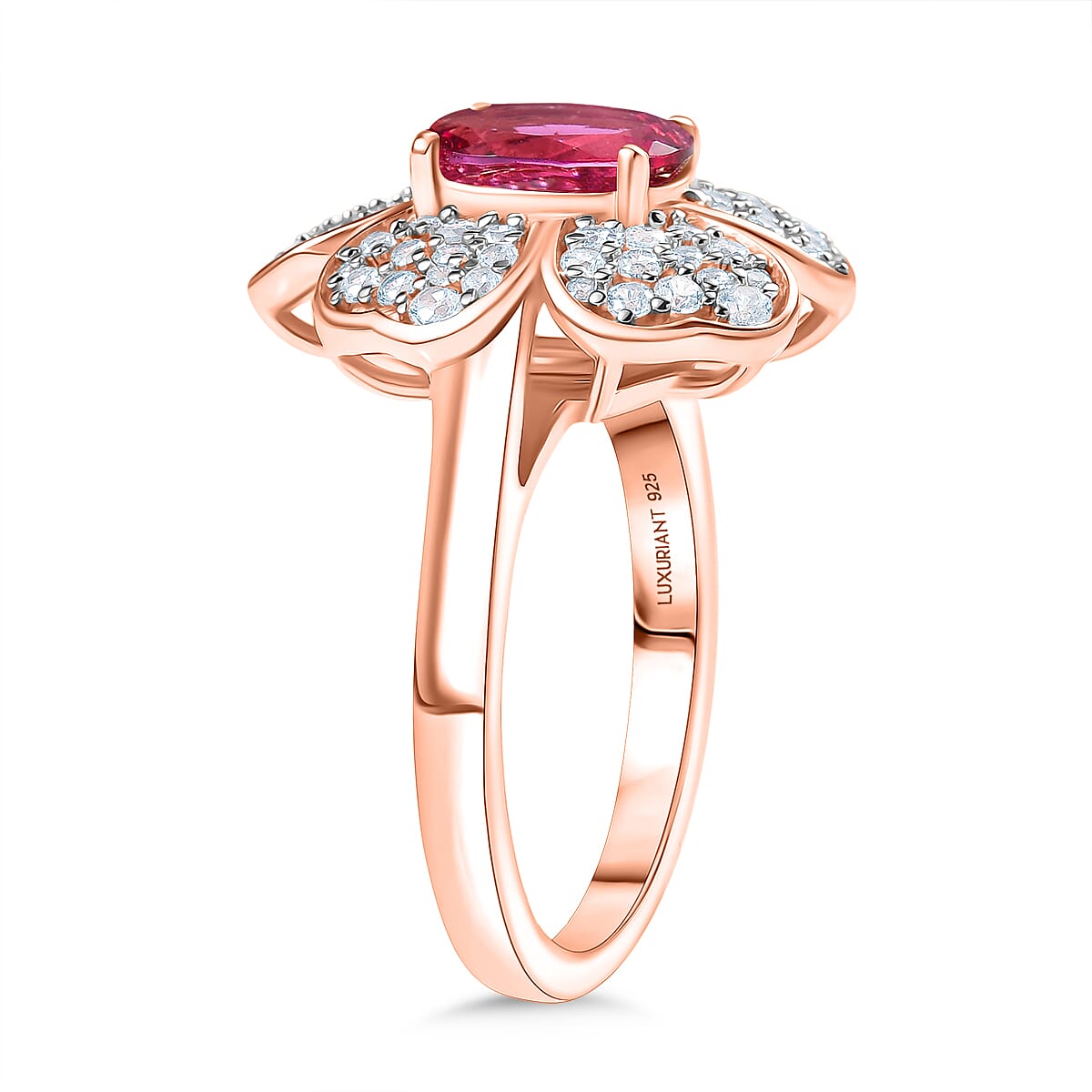 Luxuriant Lab Grown Bixbite & White Zircon Cluster Ring in 18K Vermeil Rose Gold Plated Sterling Silver 2.08 Ct.