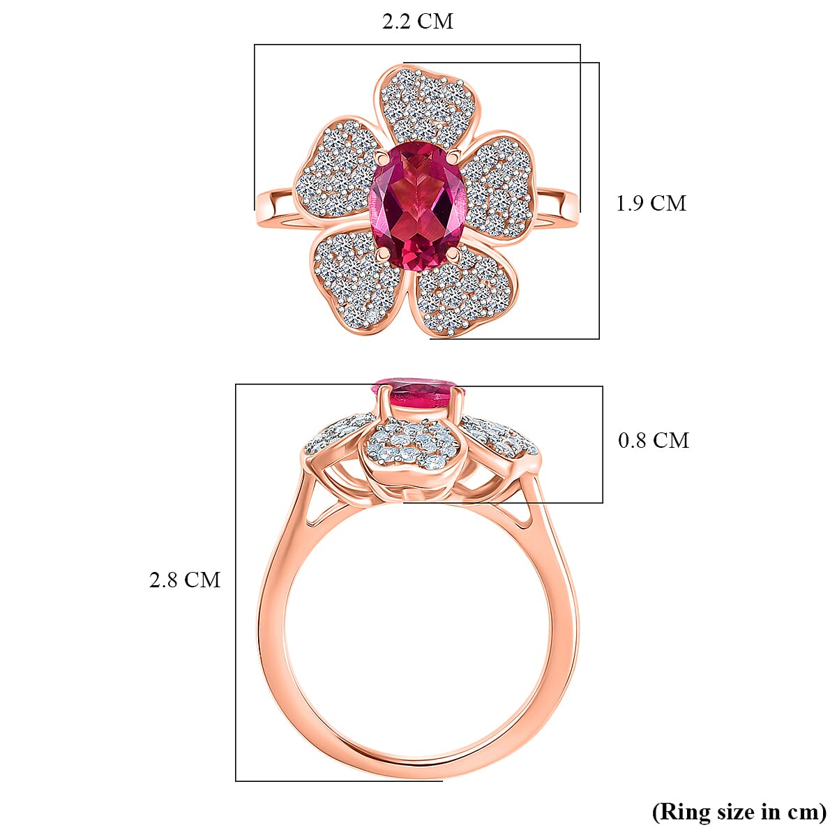 Luxuriant Lab Grown Bixbite & White Zircon Cluster Ring in 18K Vermeil Rose Gold Plated Sterling Silver 2.08 Ct.