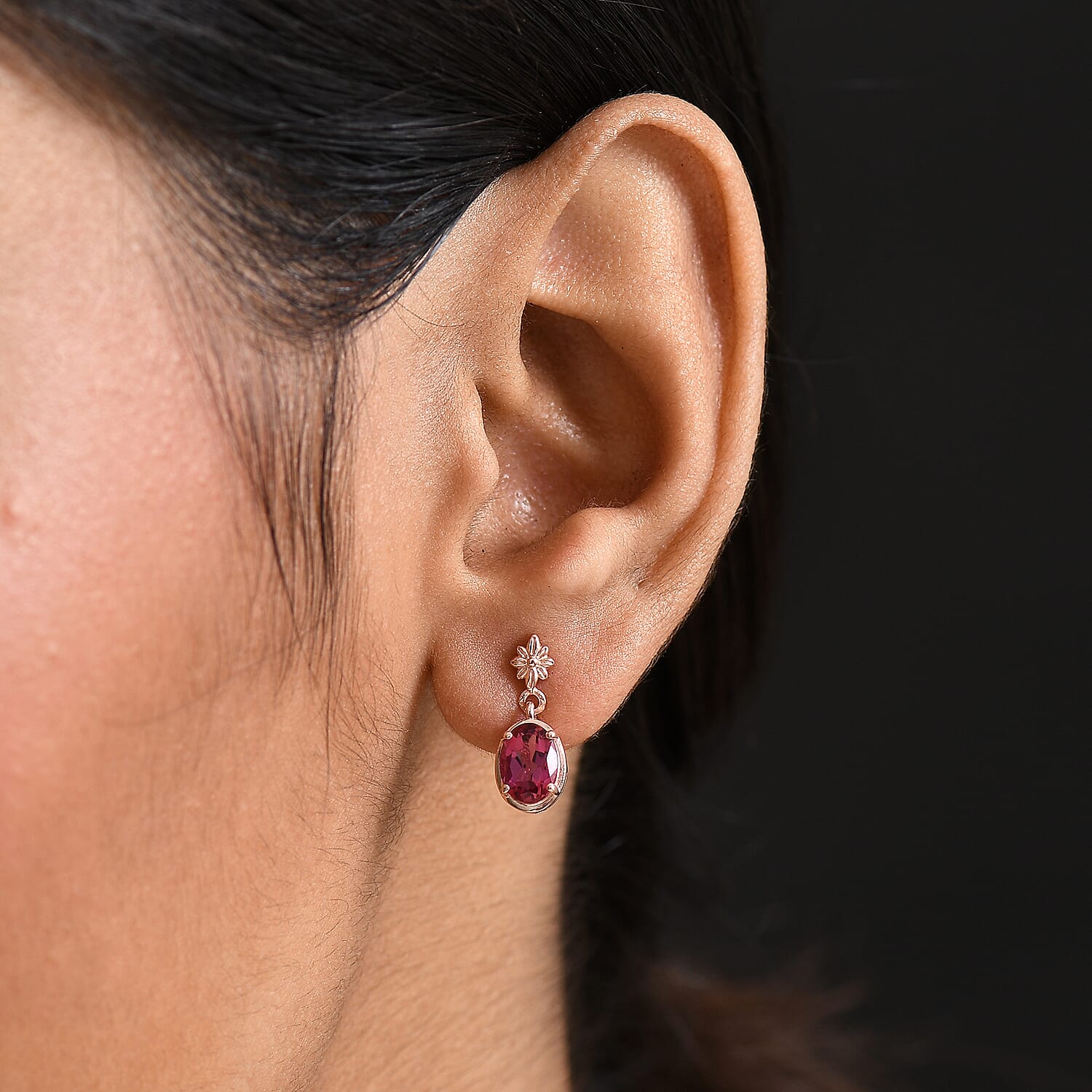 Luxuriant Lab Grown Bixbite Dangling Earring with Push Back in 14K Rose Gold Plated Sterling Silver 1.84 Ct.