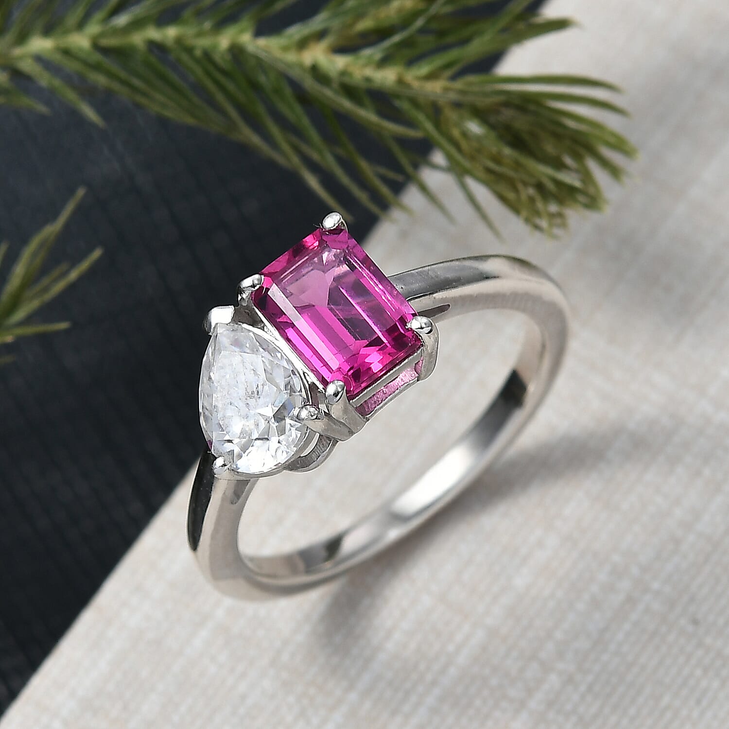 Luxuriant Lab Grown Bixbite & Moissanite Ring in Platinum Overlay Sterling Silver 1.59 Ct.