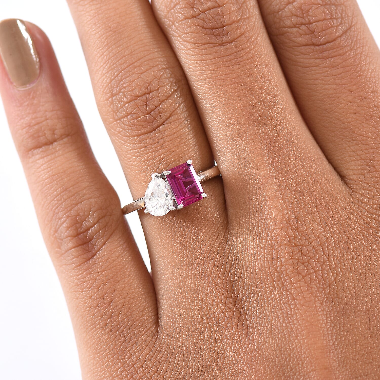 Luxuriant Lab Grown Bixbite & Moissanite Ring in Platinum Overlay Sterling Silver 1.59 Ct.