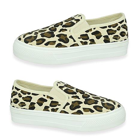 Spot On Collection Leopard Print Canvas Slip-On Shoes With Platform Sole (Size 3) - Leopard