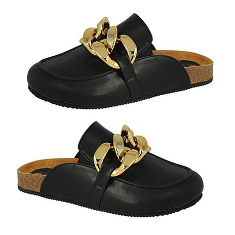 FASHION GALA LAUNCH - DESIGNER INSPIRED- Down To Earth Ladies Footbed Flat Sandal With Chunky Gold Chain (Size - 3) - Black
