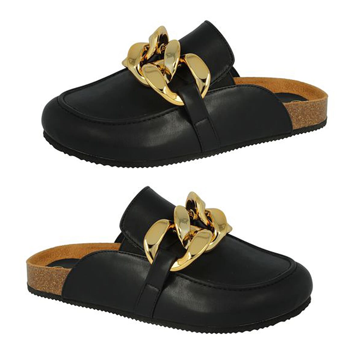 Down To Earth Ladies Footbed Flat Sandal With Chunky Gold Chain (Size - 5) - Black