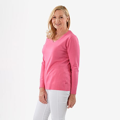 Pure & Natural V-Neck Jumper (Size 16) - Cerise