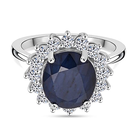 Luxuriant Blue Sapphire & Lab Grown Diamond (SI-GH) Ring in Rhodium Overlay Sterling Silver 8.16 Ct.