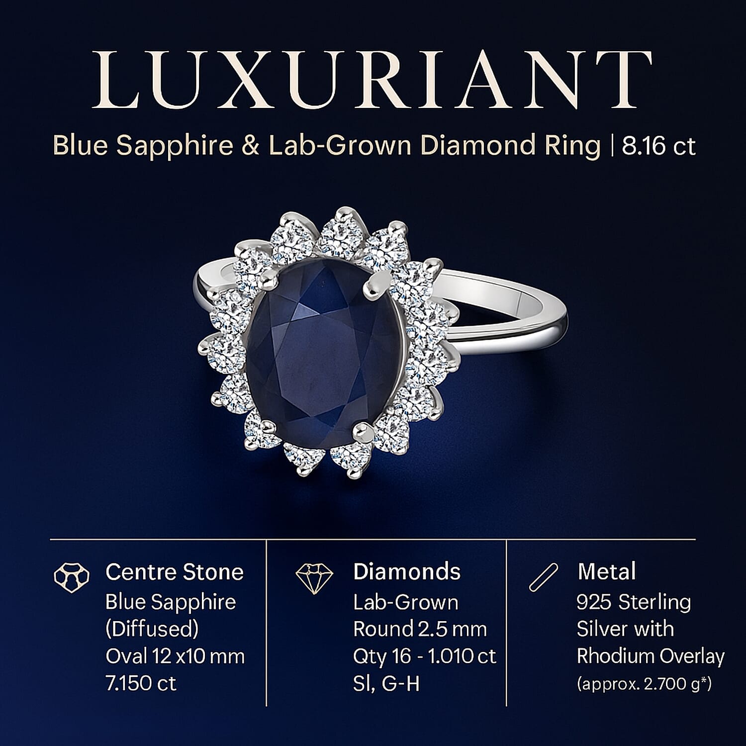 Luxuriant Blue Sapphire & Lab Grown Diamond (SI-GH) Ring in Rhodium Overlay Sterling Silver 8.16 Ct.