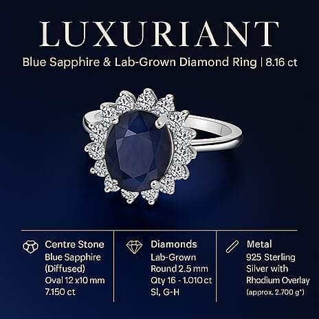 Luxuriant Blue Sapphire & Lab Grown Diamond (SI-GH) Ring in Rhodium Overlay Sterling Silver 8.16 Ct.