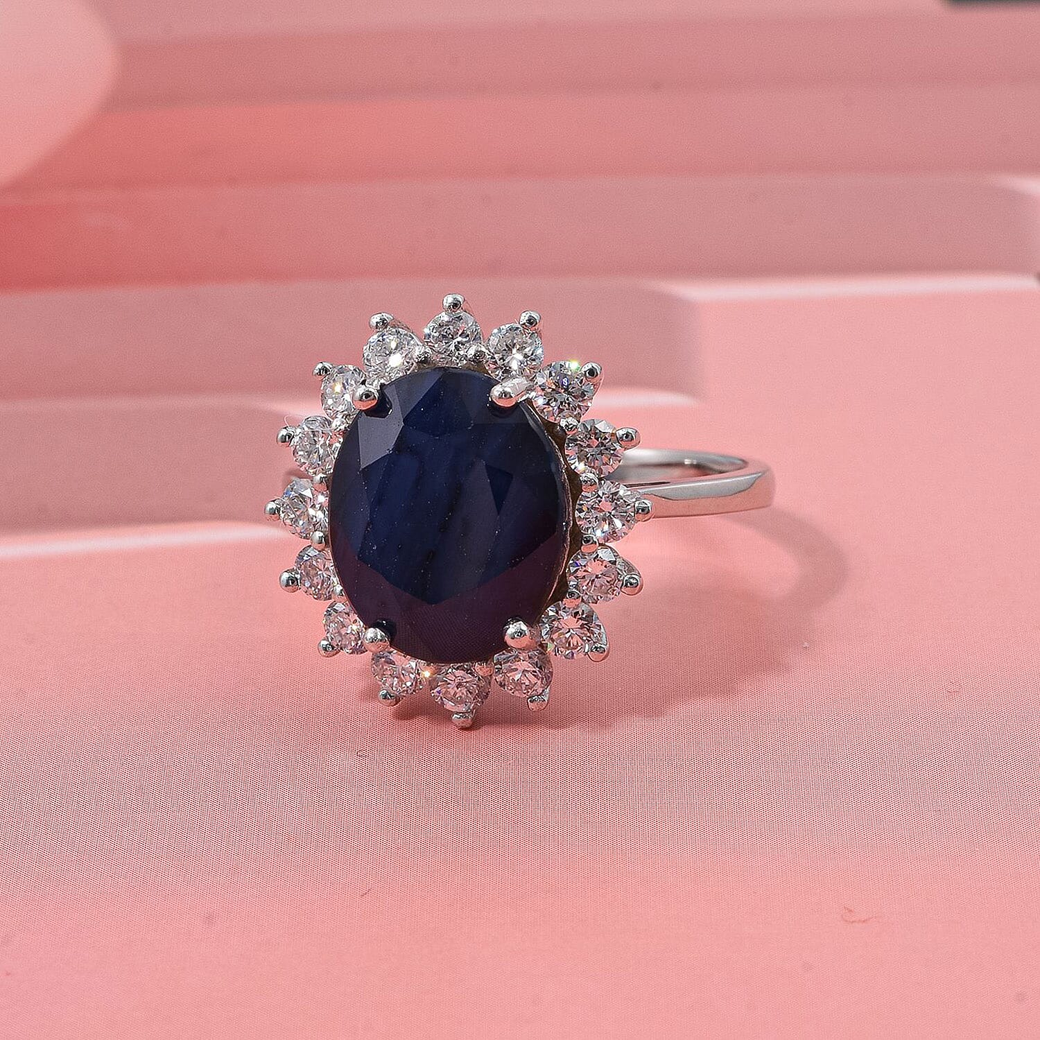 Luxuriant Blue Sapphire & Lab Grown Diamond (SI-GH) Ring in Rhodium Overlay Sterling Silver 8.16 Ct.