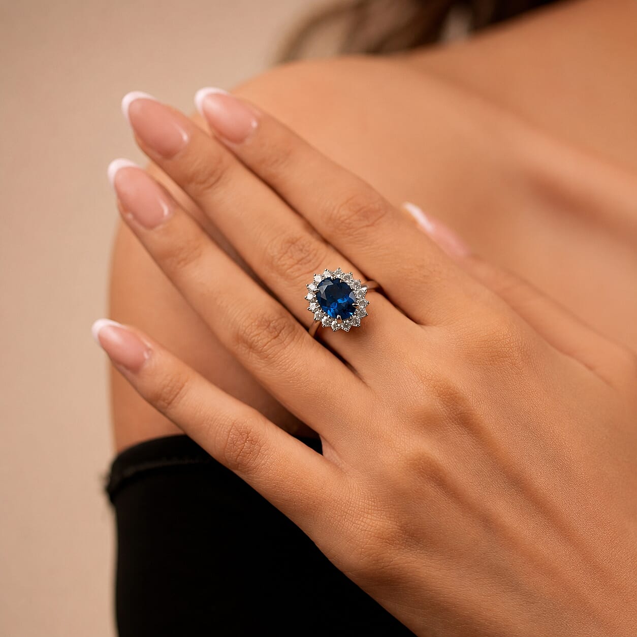 Princess Diana Inspired Blue Sapphire (5.6 ct.) & Lab Grown Diamond (1 ct.) Halo Ring