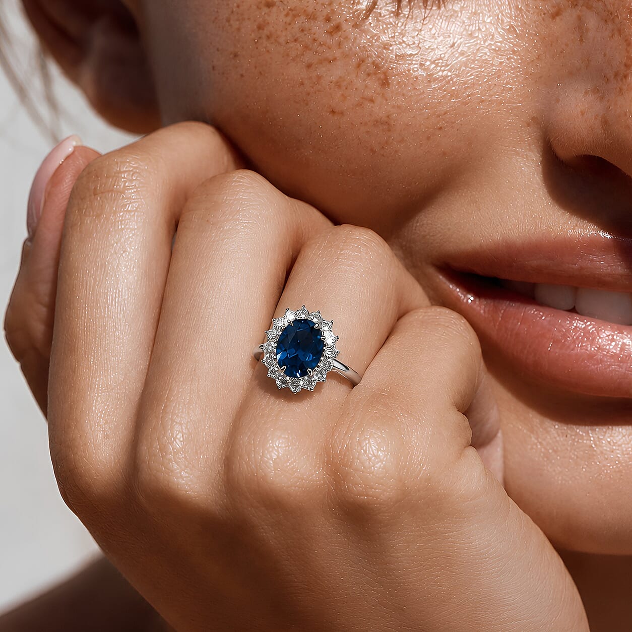 Princess Diana Inspired Blue Sapphire (5.6 ct.) & Lab Grown Diamond (1 ct.) Halo Ring