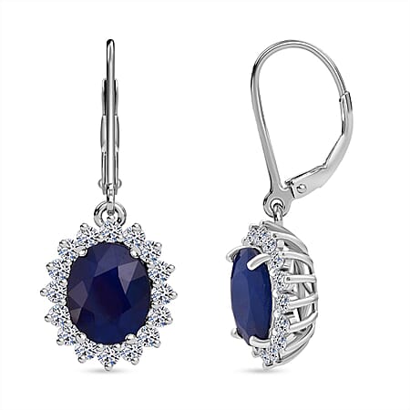 Luxuriant - Blue Sapphire & Lab Grown Diamond (SI-G-H) Halo Earrings with Lever Back in Rhodium Overlay Sterling Silver 7.60 Ct Luxuriant - Blue Sapphire & Lab Grown Diamond (SI-G-H) Halo Earrings with Lever Back in Rhodium Overlay Sterling Silver 7.60 Ct
