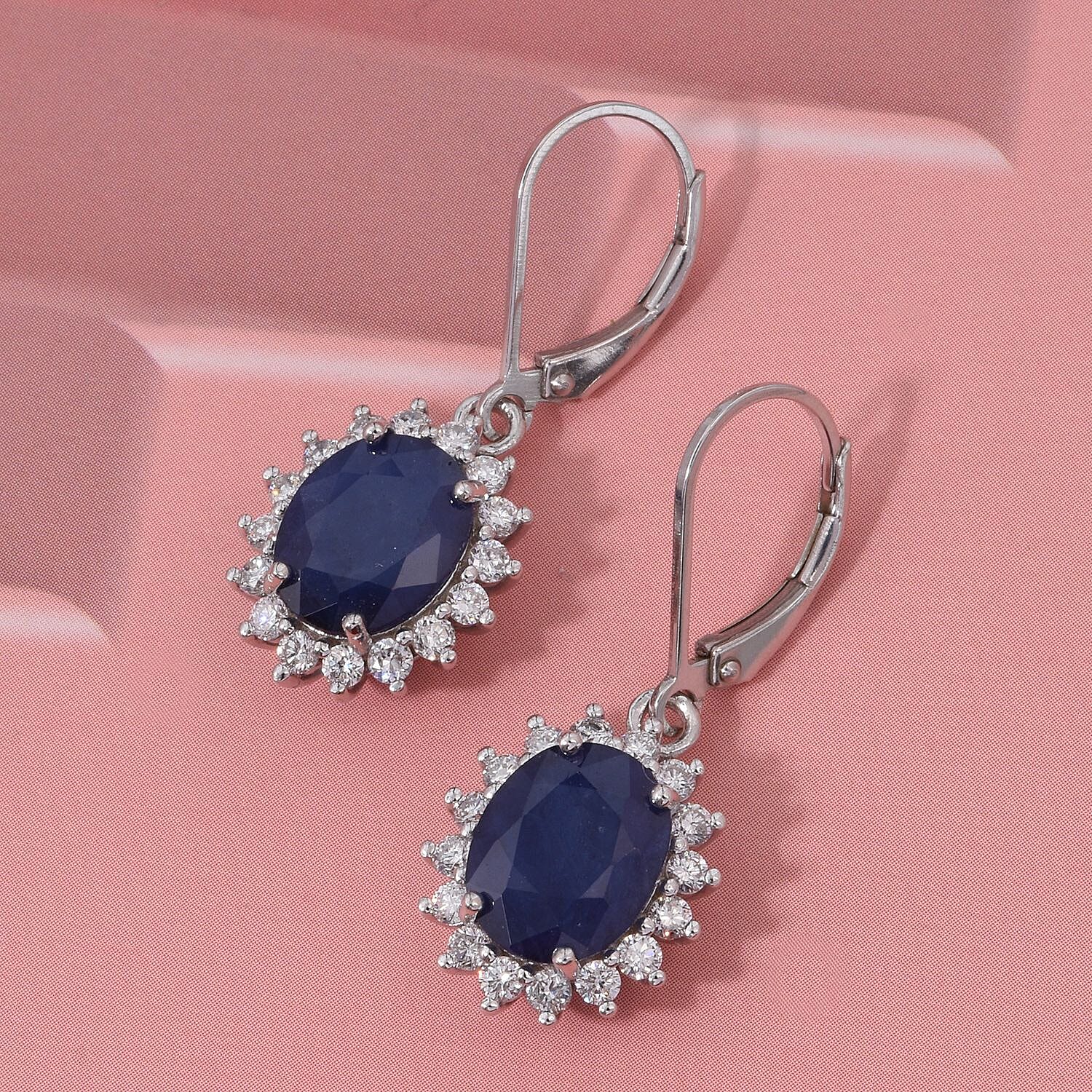Luxuriant Blue Sapphire & Lab Grown Diamond (SI-GH) Earrings with Lever Back in Rhodium Overlay Sterling Silver 8.73 Ct