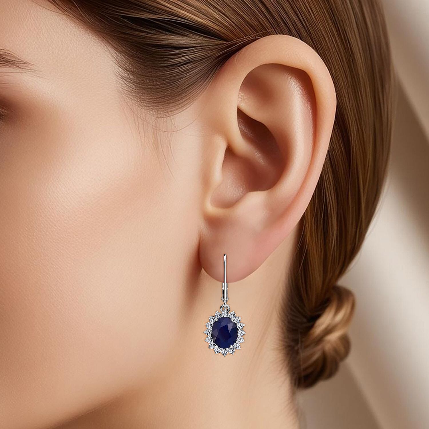 Luxuriant Blue Sapphire & Lab Grown Diamond (SI-GH) Earrings with Lever Back in Rhodium Overlay Sterling Silver 8.73 Ct