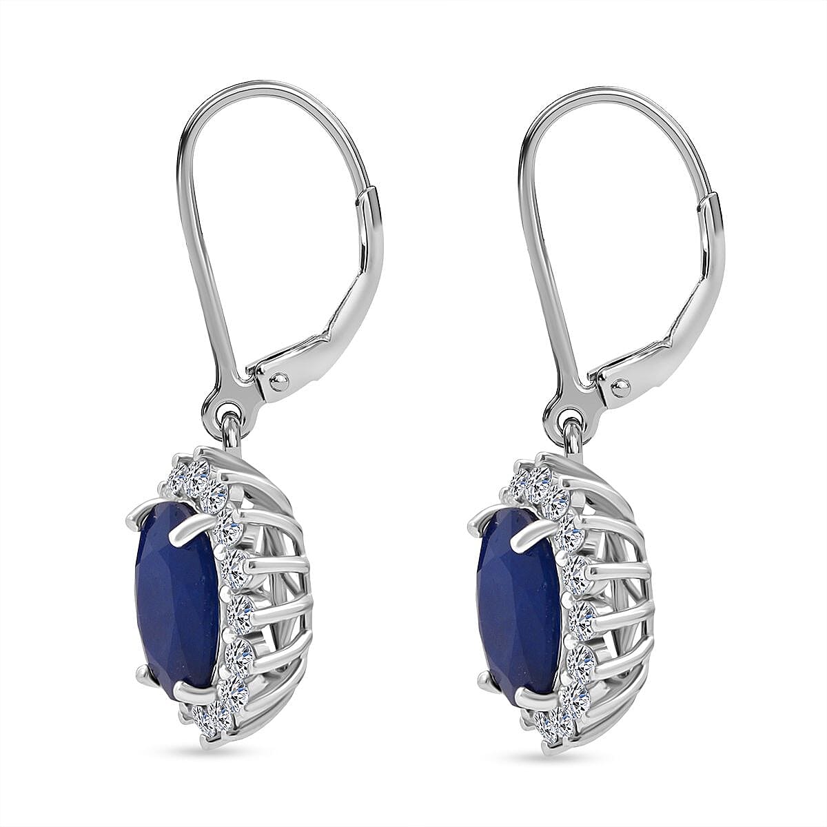 Luxuriant Blue Sapphire & Lab Grown Diamond (SI-GH) Earrings with Lever Back in Rhodium Overlay Sterling Silver 8.73 Ct