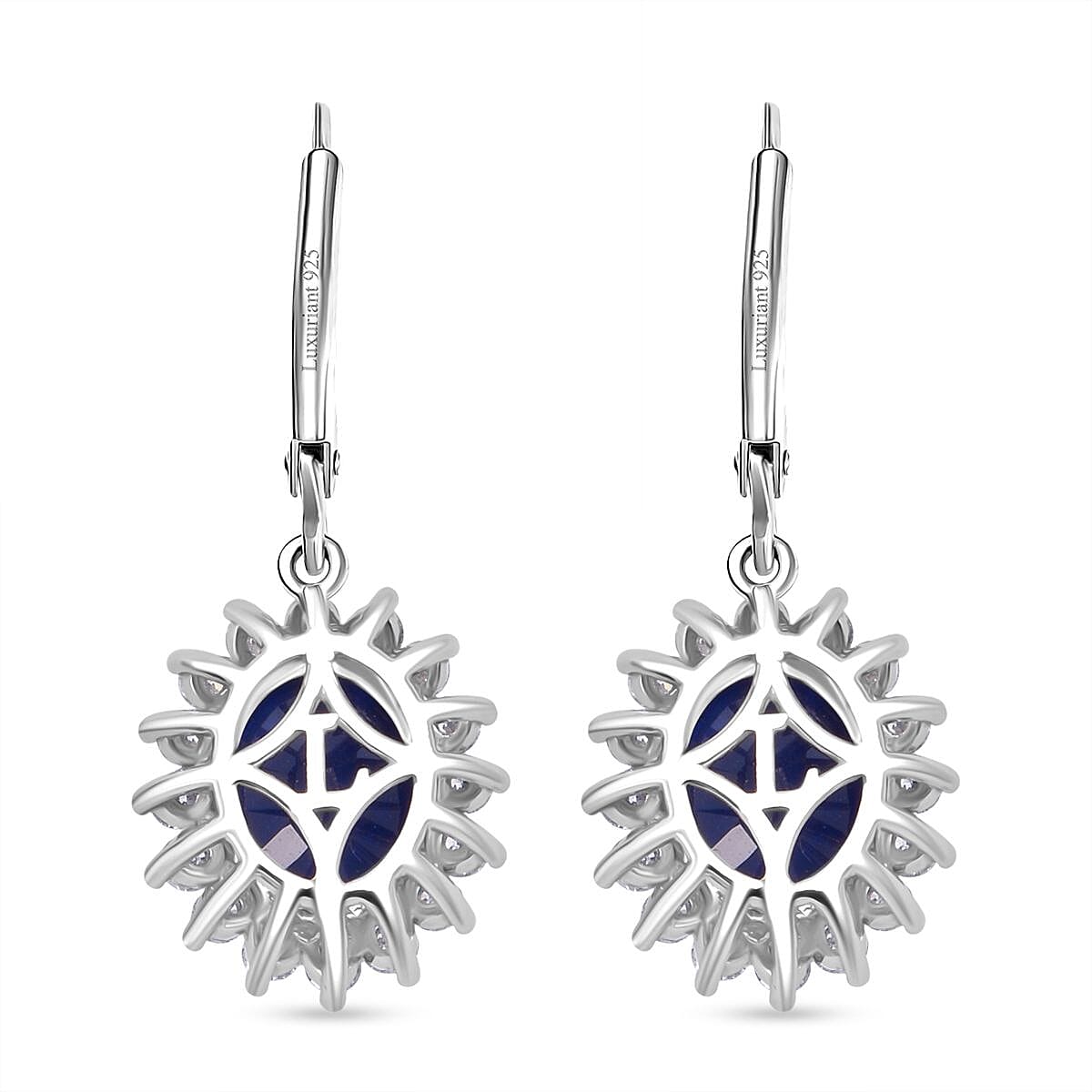 Luxuriant Blue Sapphire & Lab Grown Diamond (SI-GH) Earrings with Lever Back in Rhodium Overlay Sterling Silver 8.73 Ct