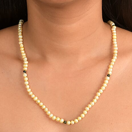 Golden Dyed Pearl & Tigers Eye Stone Necklace (Size 36) 220.00 Ct.