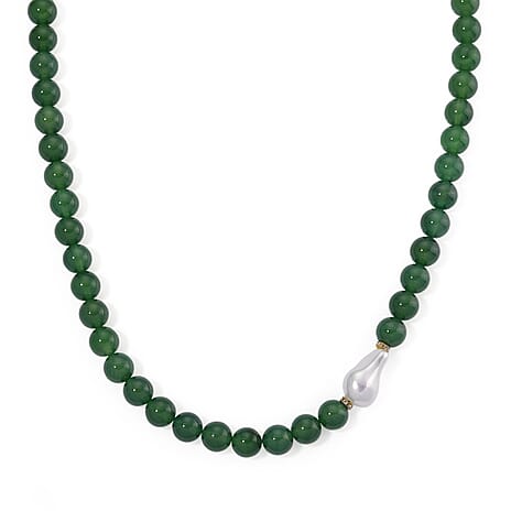 Green Onyx, White Cubic Zirconia & White Shell Pearl Beads Necklace (Size - 20) with T-Bar Clasp 425.00 Ct.