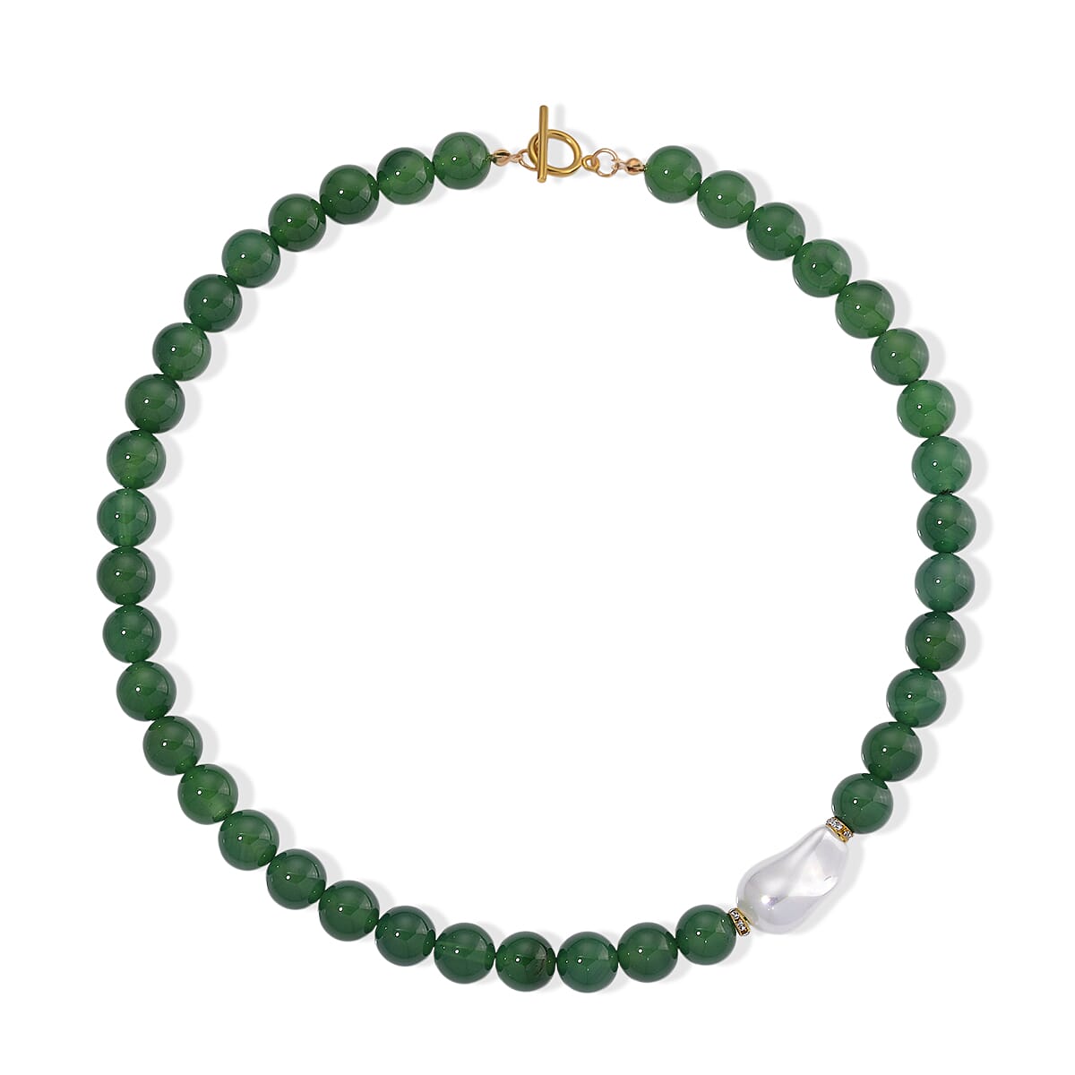 Green Onyx, White Cubic Zirconia & White Shell Pearl Beads Necklace (Size - 20) with T-Bar Clasp 425.00 Ct.