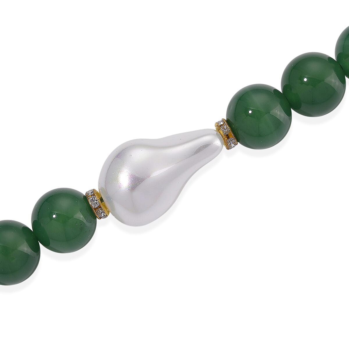 Green Onyx, White Cubic Zirconia & White Shell Pearl Beads Necklace (Size - 20) with T-Bar Clasp 425.00 Ct.