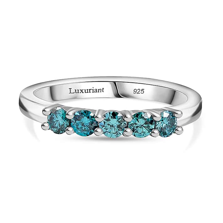 LUXURIANT 0.5 Ct. Lab Grown Blue Diamond 5-Stone Ring in Rhodium Overlay Sterling Silver (VS-EF)